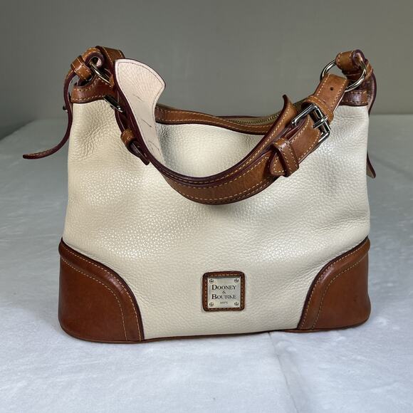Dooney Bourke Tan Pebbled Leather Drawstring Pocket Lock Bucket Shoulder Bag FS - Picture 3 of 16